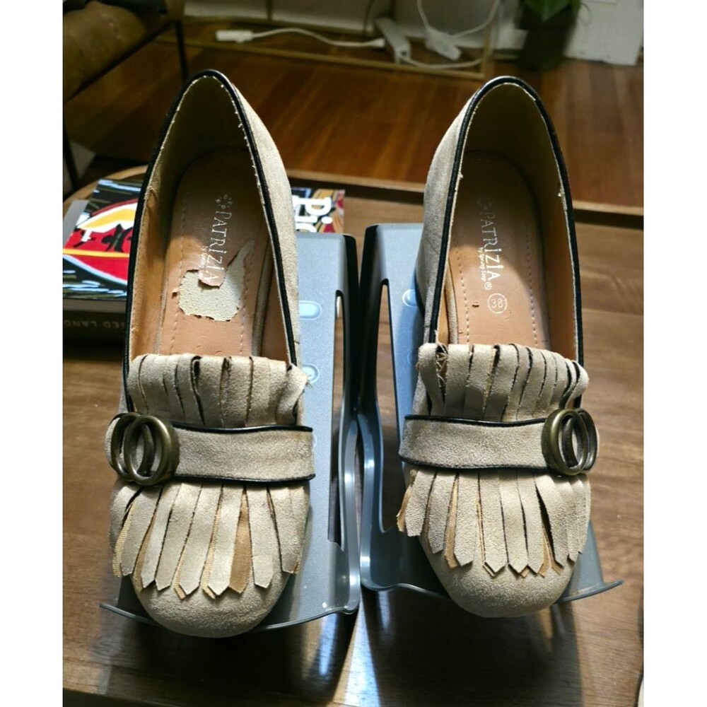 Patrizia Women’s Beige Suede Almond Toe Slip-On Fringe Pump Heels Size 7.5